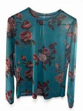 Source Unknown Teal Floral Mesh Long-Sleeve Top
